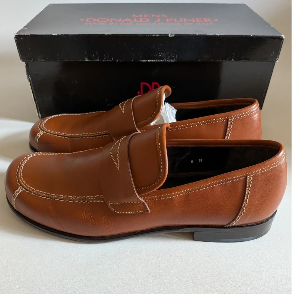 Donald J Pliner Men's Urbino-01 Tan Calf Leather Penny Loafers Made in Italy 8 M